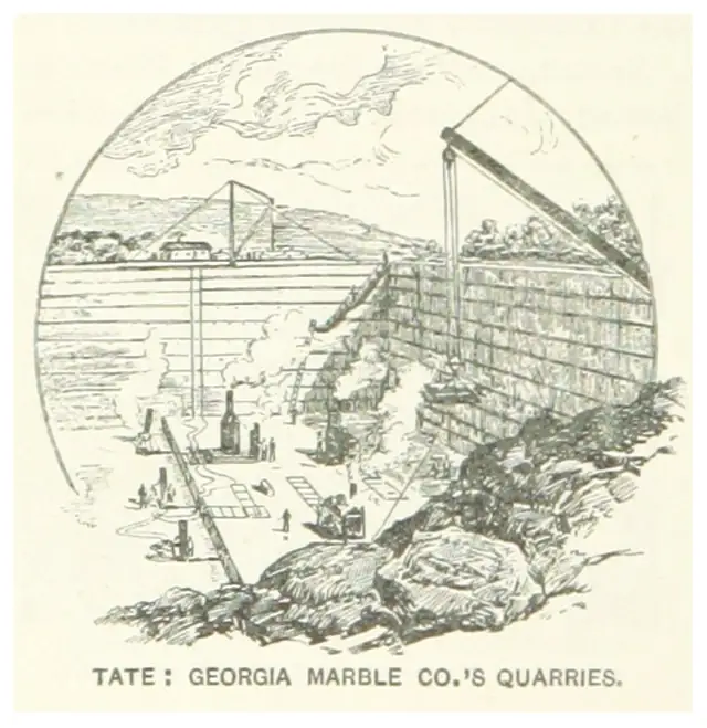 A round engraving of a quarry pit with stepped stone walls, two derricks and a smoking steam engine.