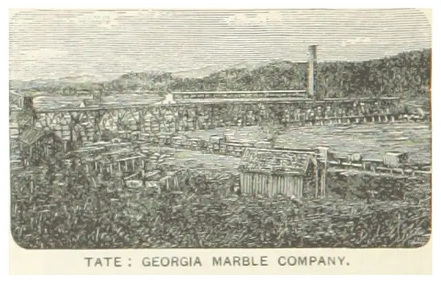 A wood engraving of the Georgia Marble Company works at Tate: a timber trestle, a smokestack and sheds below wooded hills.